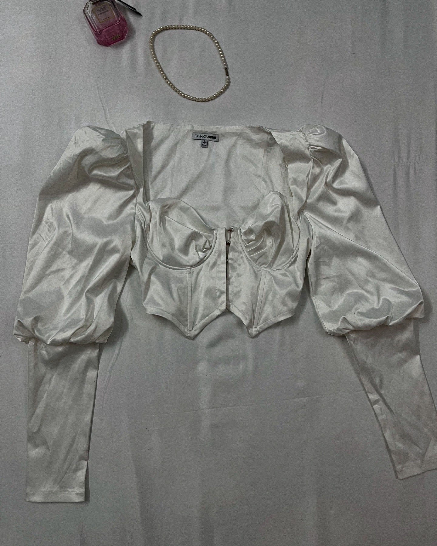 Satin corsetry inspired jacquard sleeves top | Size: L