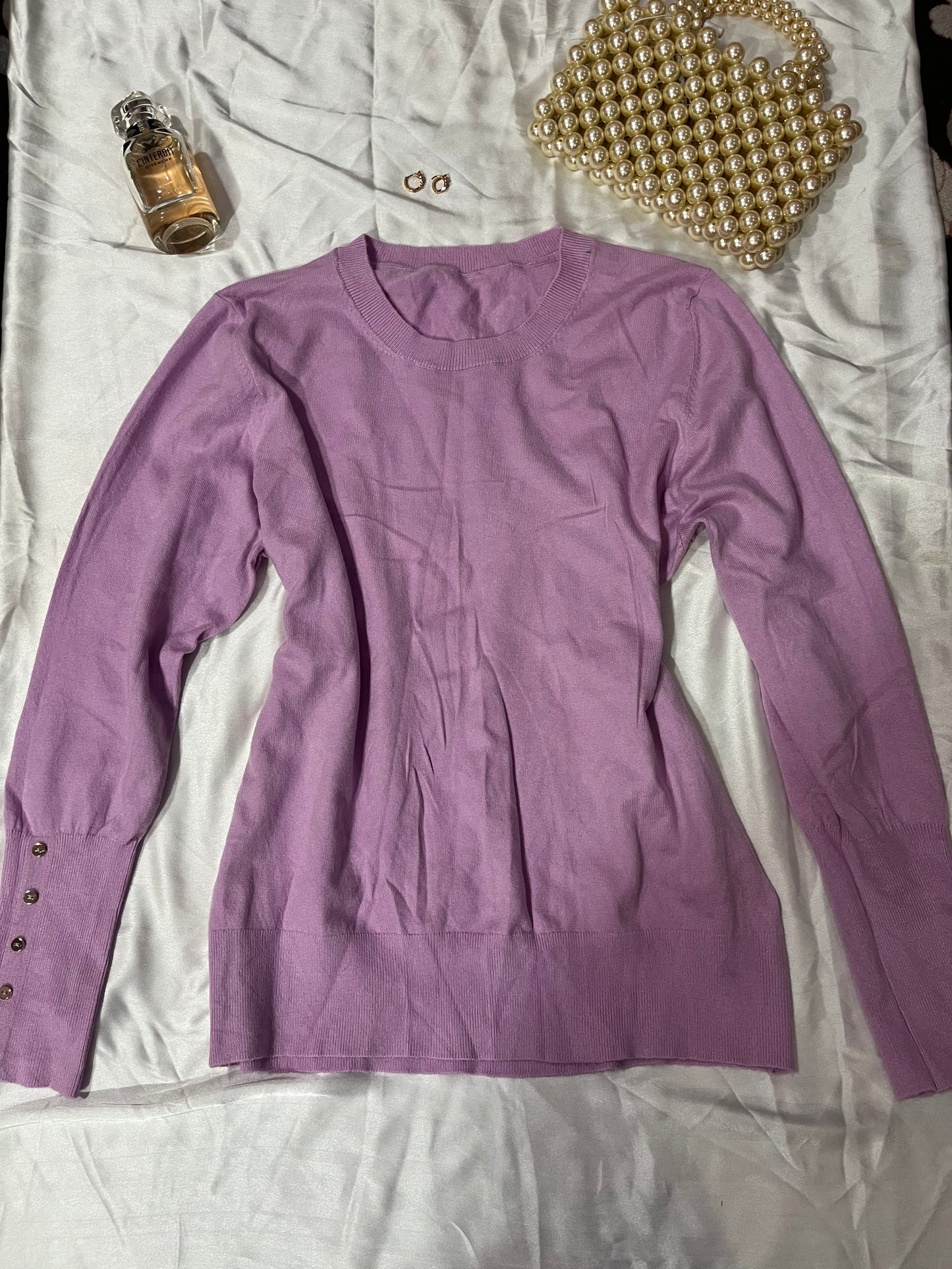 Lavender sweater with button sleeves