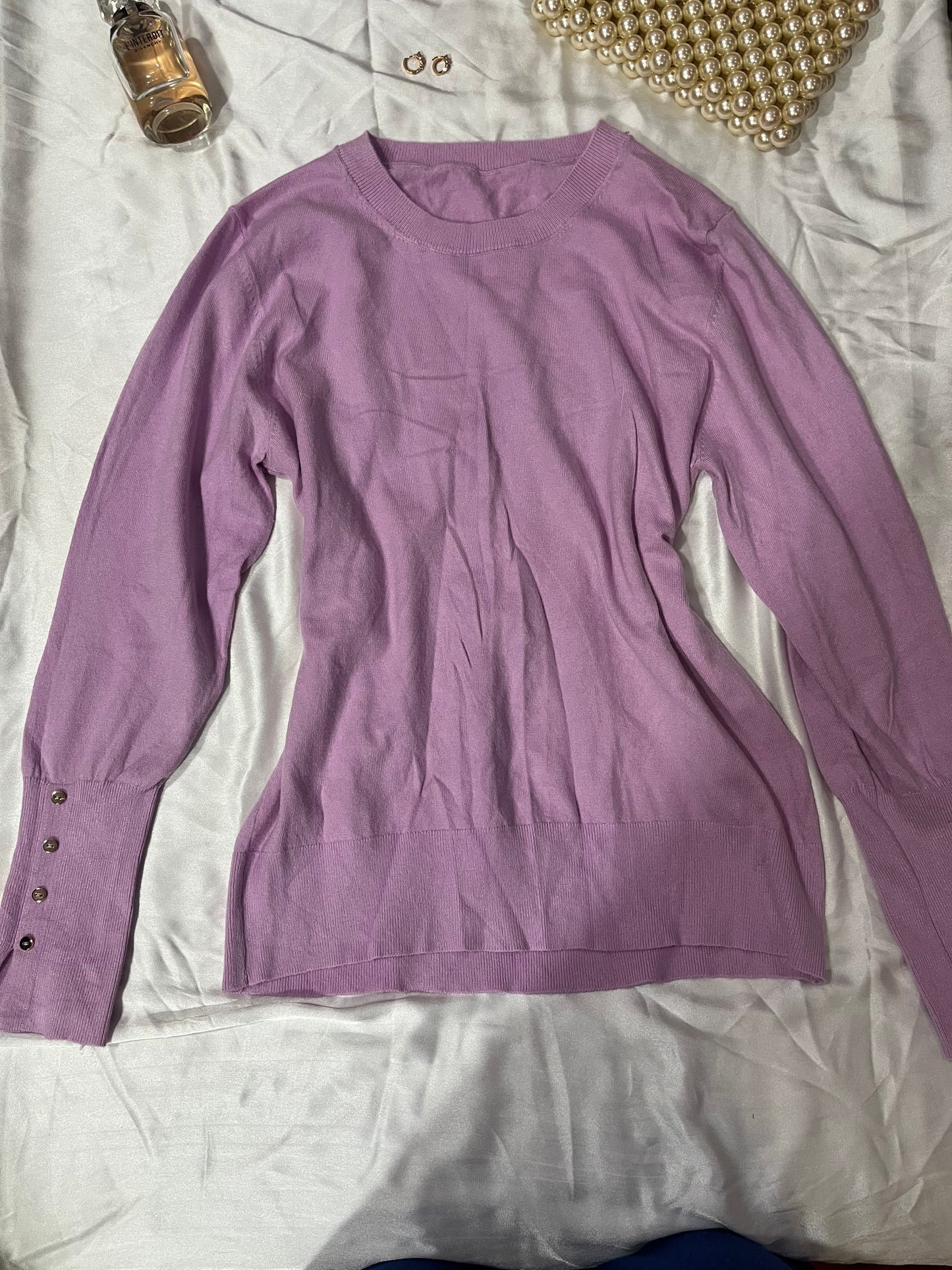 Lavender sweater with button sleeves