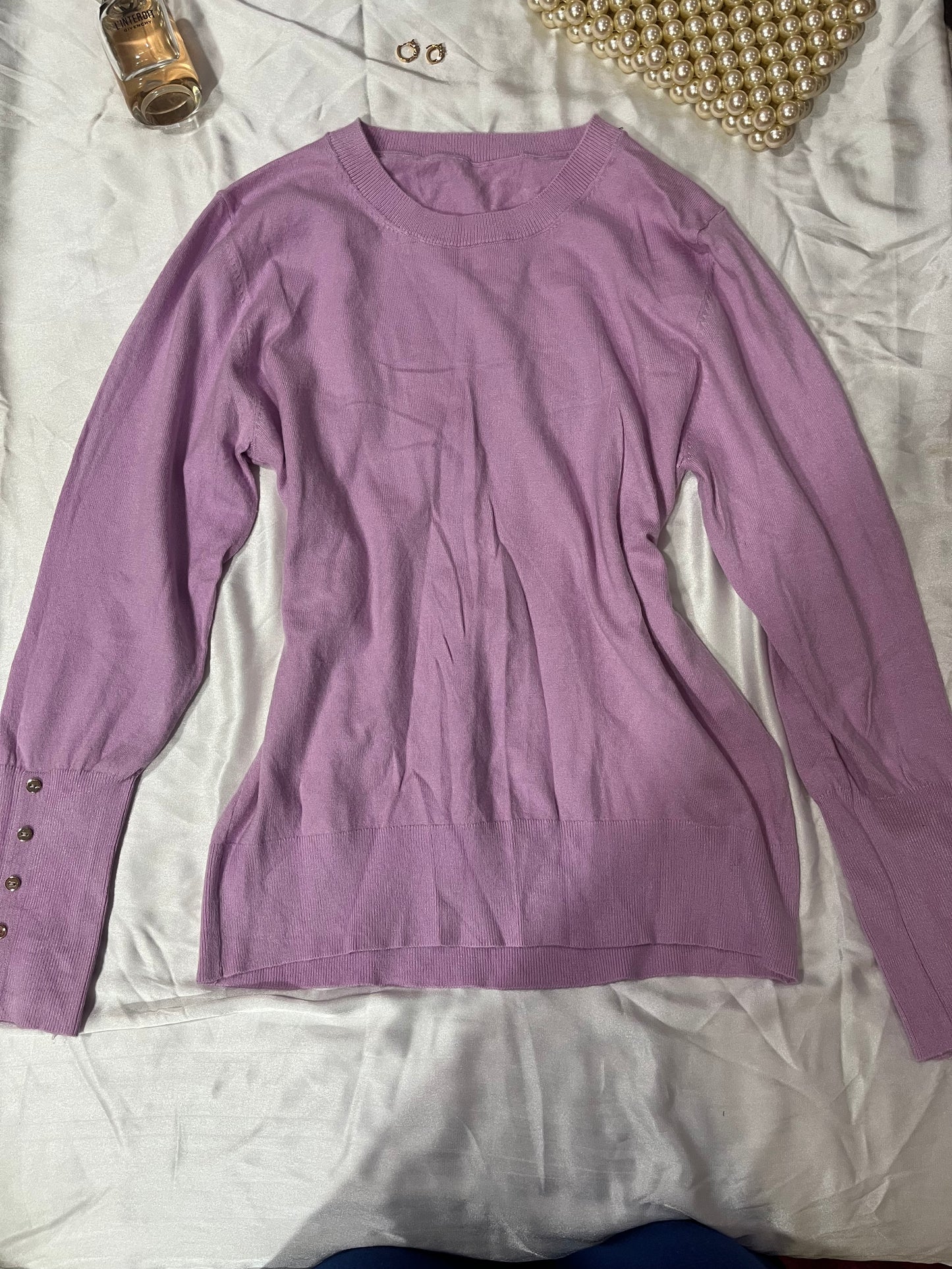 Lavender sweater with button sleeves