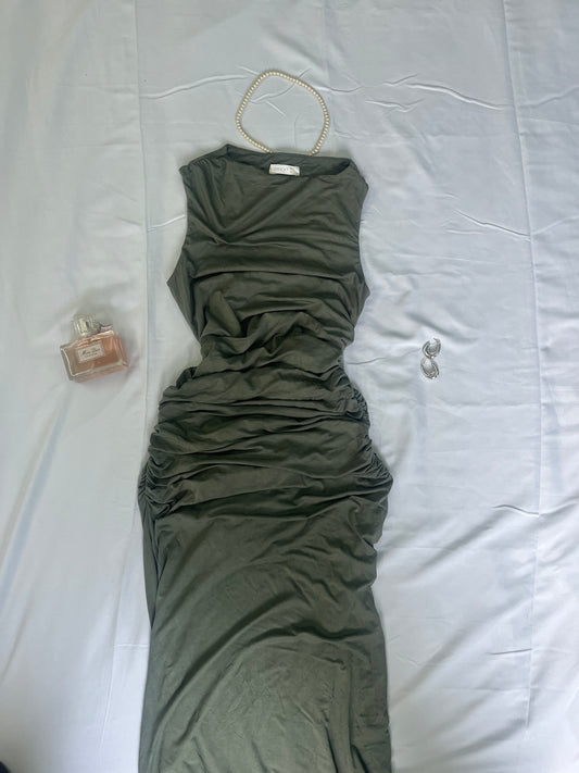 Olive Bodycon rutched maxi dress | Size Small - Medium