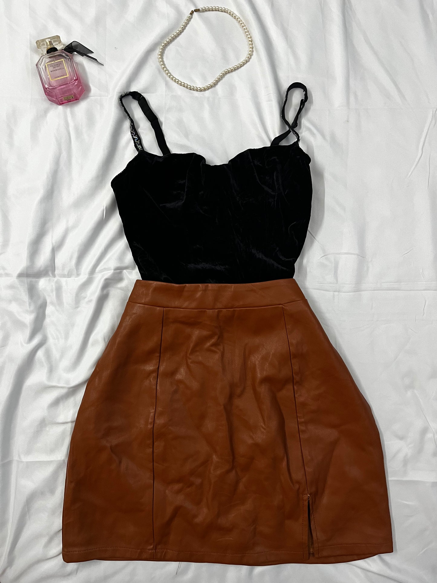 Velvet corset top and leather skirt set | Size: Medium