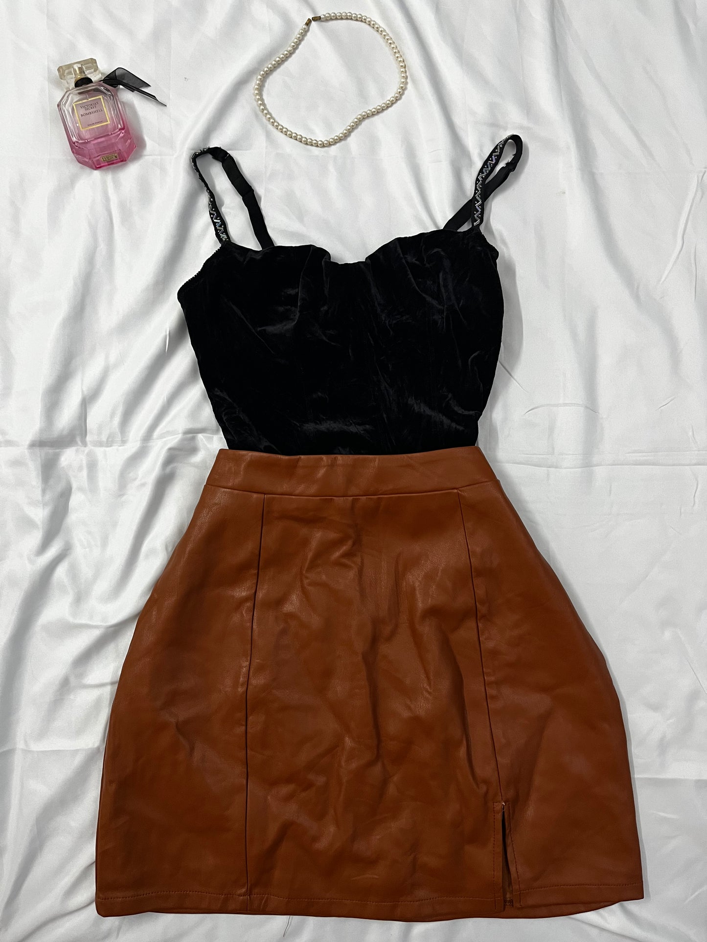 Velvet corset top and leather skirt set | Size: Medium