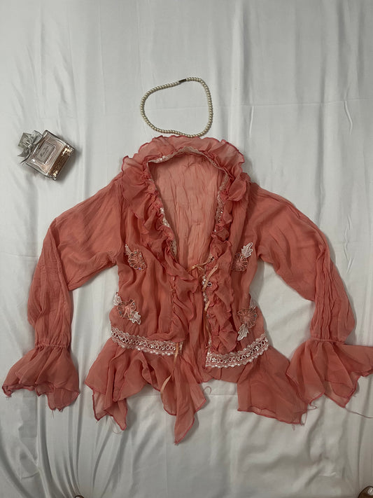 Ruffled pink embroidered shrug | Size: S