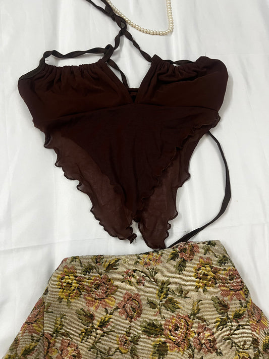 Brown scarf tie up top | Size: XS